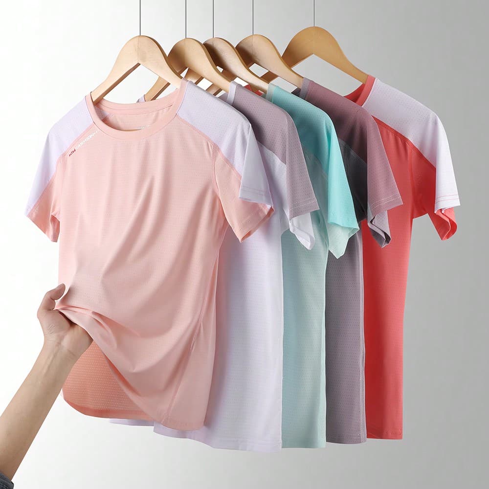 T-shirt de sport en soie de glace à séchage rapide pour femmes, blocs de couleur, respirant avec manches courtes, 1 pièce, convient pour la course