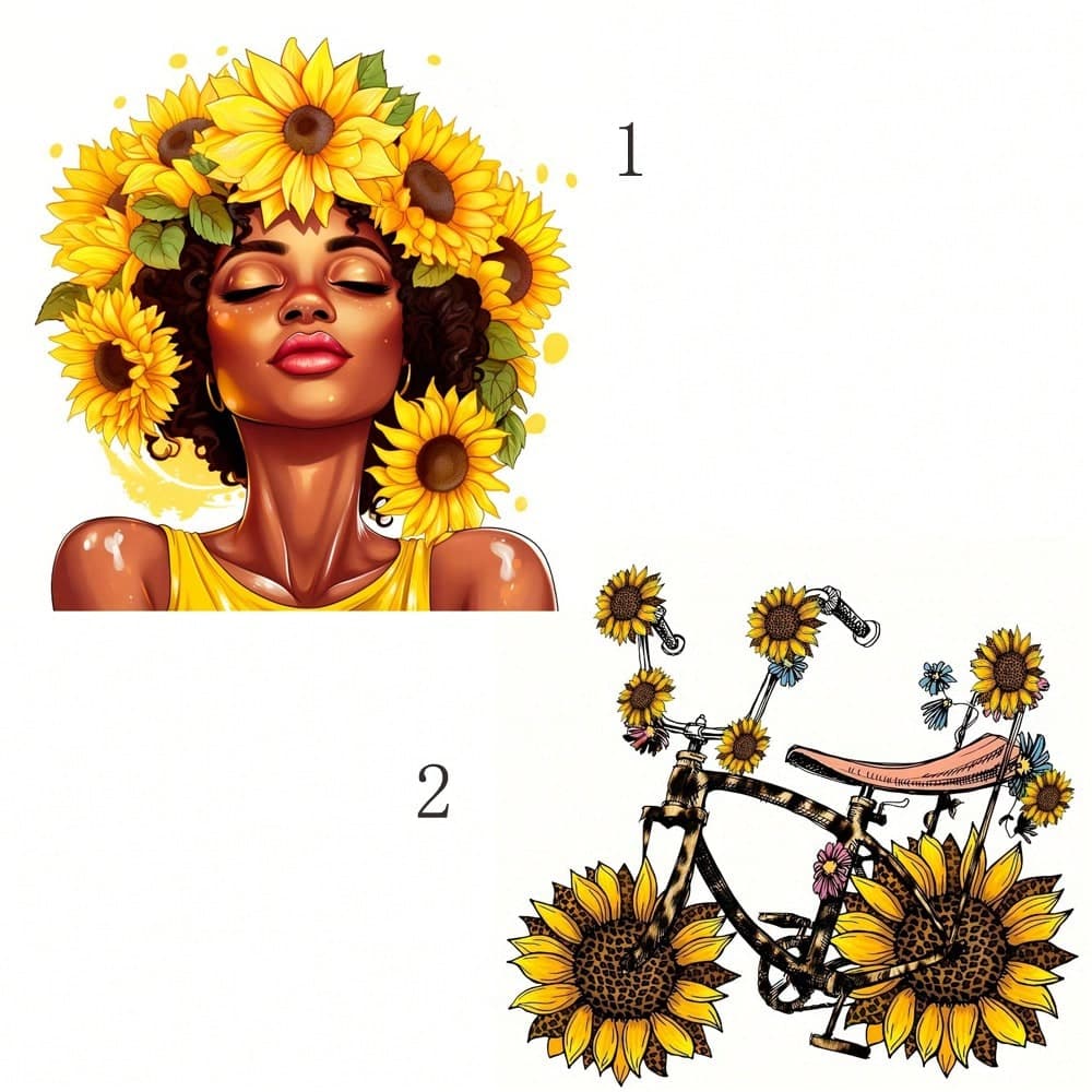 1/2/3 pièces Autocollants, autocollants de transfert de chaleur à repasser avec thème de tournesol et style femme et vélo, impressions à chaud en