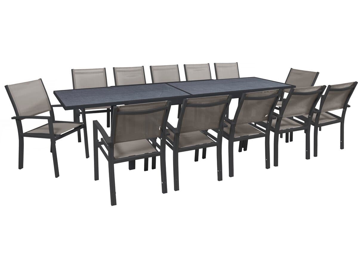 Salon de jardin repas extensible "Lagos" - 200/320 x 105 x 76 cm - 12 chaises - Taupe