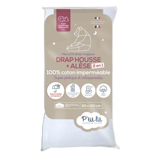Drap housse bébé + alèse 2 en 1 coton imperméable blanc 60x120 cm